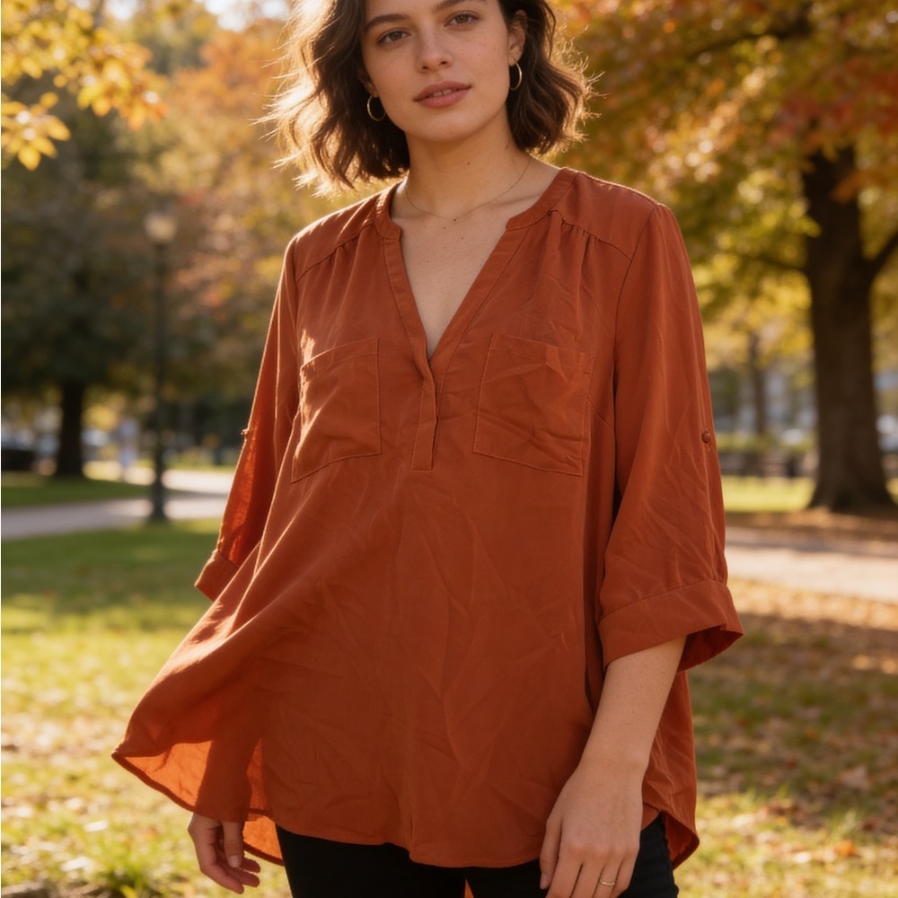 Chic V-Neck Rust Blouse